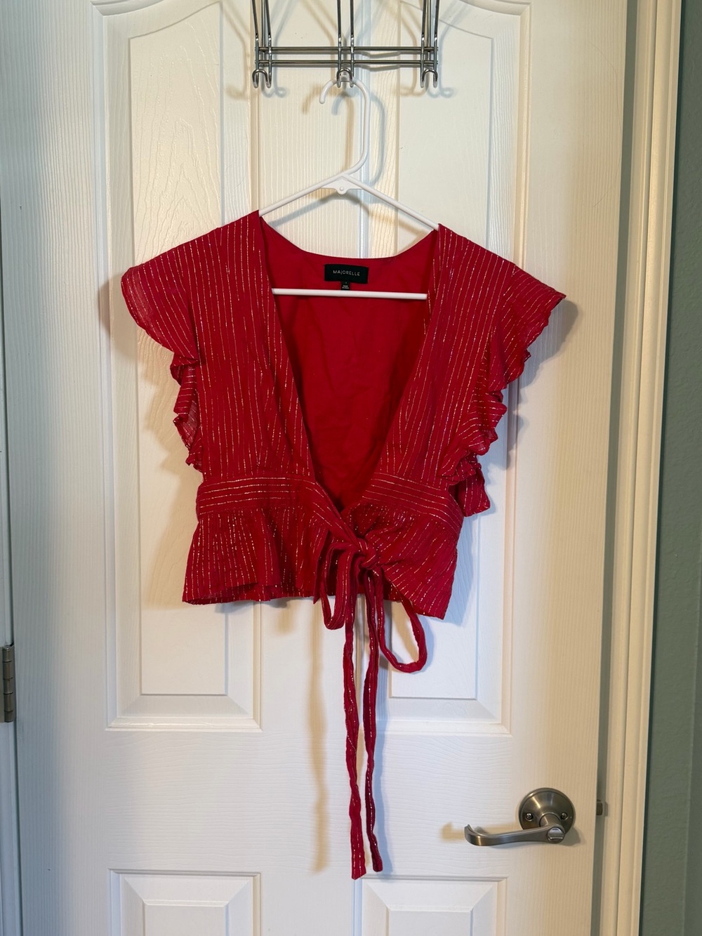 MAJORELLE Red Metallic Stripe Ruffle Tie-Front Crop Top Size xs/s